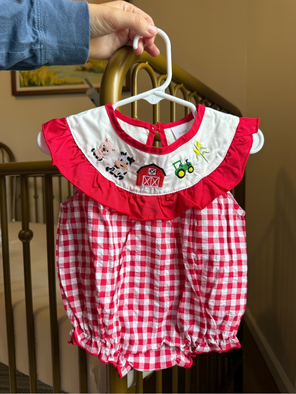 Red & White Gingham Farm Embroidered Baby Romper